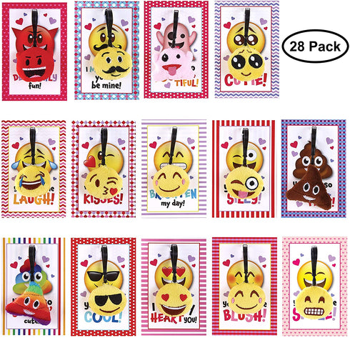 JOYIN 28 Pack Valentines Day Gifts Cards for kids, Valentine's Greeting Cards with Emoji Plush Key-chain Valentine Classroom Exchange Gifts Party Favors