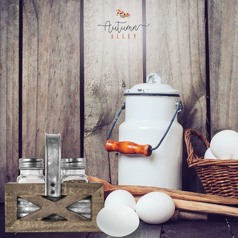 Autumn Alley Barn Door Rustic Salt and Pepper Shakers Set in Wood and Galvanized Caddy | Farmhouse Salt and Pepper Shakers For Rustic Kitchen Decor | Rustic Kitchen Accessory for your Country Kitchen