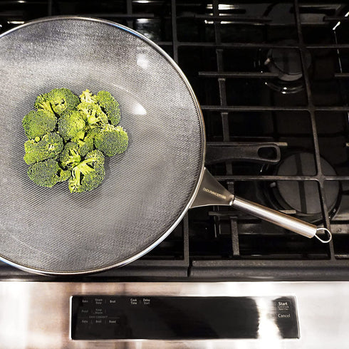 RSVP International Splatter Screen, One Size - Fine Mesh Stainless Steel, 10" in Diameter with 6.25" Handle |Keeps its Shape & Construction Over Time | Dishwasher Safe, 10 Inch, Multi Color