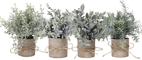 Artificial Topiaries Plants & Flowers, 4 Pcs Mini Plants Artificial Potted Set Fake Green Grass Plant Faux Plastic Topiary for Home Office Desk Bathroom Kitchen Counter Decoration (Nature)