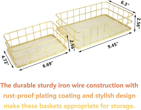 Wire Baskets, Wire Mesh Organizer Basket, Desk Drawer Countertop Freezer Storage Organizing Basket for Entryway, Bedroom, Bathroom, Office, 2 Pack(Gold)