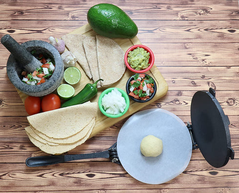 MABUA 8 Inches Cast Iron Tortilla Press Heavy Duty Pre-seasoned Roti Maker, Tortilla Maker, Dough Press - Pataconera with 100 Tortilla Wax Paper Free Replacement If Damaged in 30 Days.
