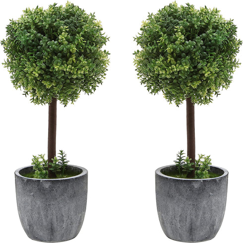 MyGift Artificial Boxwood Topiary Trees, Fake Plants Decor - 12 Inch Faux Tabletop Decorative Small House Plant with Gray Ceramic Pots, Set of 2