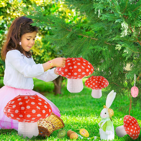 6 Pieces Mushroom Hanging Lanterns with Mini Light 3D Mushroom Shaped Paper Lantern for Mushroom Room Decor Jungle Wonderland Themed Party New Year Celebration Decor