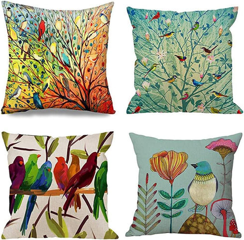 Emvency Set of 4 Throw Pillow Covers of Birds Tree Life and Green Oil Painting Hundreds Bird Decorative Pillow Cases Home Decor Square 20x20 Inches Pillowcases