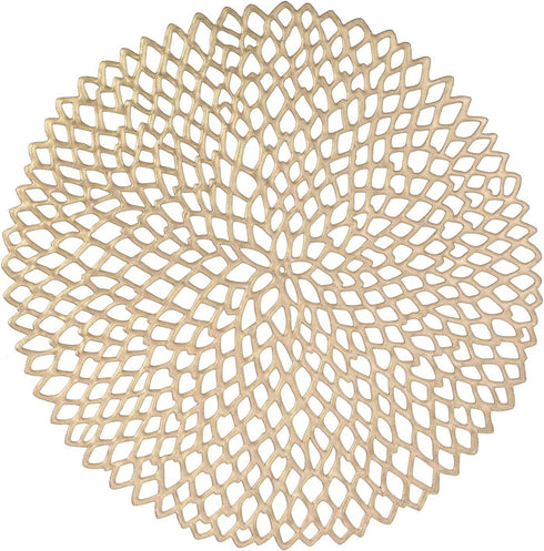 Placemats Set of 6,Pressed Vinyl Table mat,Gold Round Metallic Hollow placemat,Non-Slip Washable PVC Chargers Place mat for Dining,Wedding,Holiday,Party.