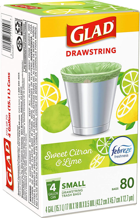 Glad Small Kitchen Drawstring Trash Bags 4 Gallon Green Trash Bag Febreze , Sweet Citron & Lime, 80 Count (Package May Vary)