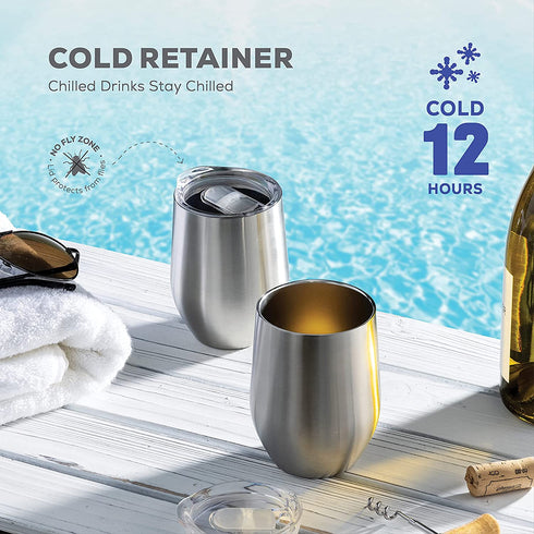 Triple Insulated Wine Tumbler With Lid (4 Pack) 12oz Stainless Steel Wine Glass Set- Insulated Tumblers Keep Drinks Hot & Cold for Outdoors, Beach, Picnics- Unbreakable Wine Glasses With BPA Free Lids