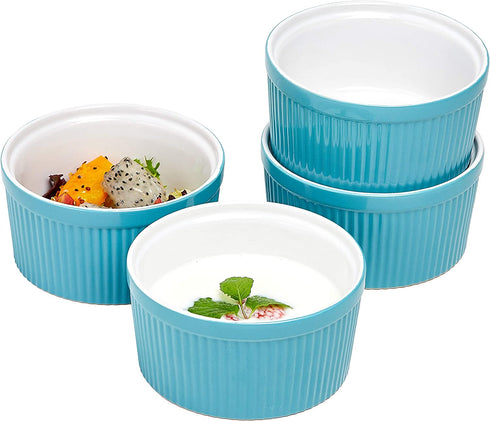 Set of 4 Bake And Serve Ceramic 12 Oz Souffle Dish Oven Safe Oven To Table Ramekins for Desserts Snacks Appetizers Casserole Creme Brulee, Teal