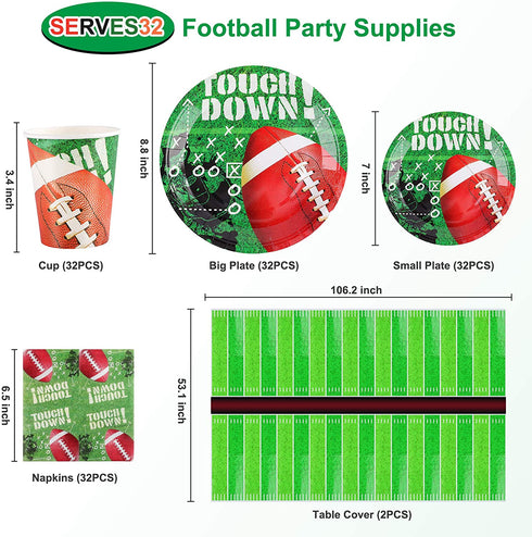 FiGoal Football Themed Party Supplies and Party Decorations for 32 Guests Include, Table Cover, 9?Dinner Plates, 7?Snack/Dessert Plates, Napkins, Cups, Super Bowl Tableware Accessory Decorations