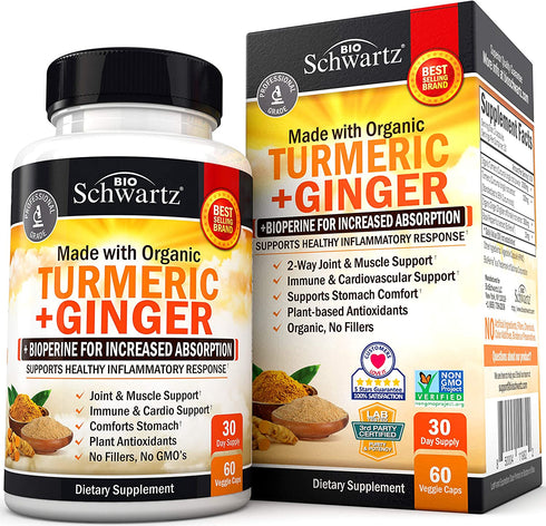 Organic Turmeric Curcumin and Ginger 95% Curcuminoids with BioPerine Black Pepper Extract for Ultra High Absorption and Potency - Natural Joint Support Supplement, Gluten-Free, Non-GMO, 60 Capsules