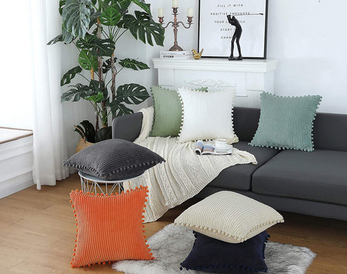 sykting Sage Green Pillow Covers 18x18 inch Soft Striped Boho Farmhouse Decorative Throw Pillow Covers with Pom Poms for Couch Sofa Bed Chair Outdoor Pack of 2