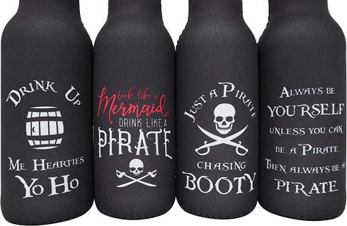 Pirate Accessories Funny Beer Coozie - Adult Pirate Party Decorations, Favors, Supplies, Insulated Bottle Cooler Sleeve with Zipper,Built-In Removable Opener, Funny Coolie for 12 oz. Longneck, 4-Pack