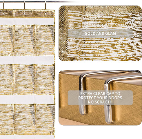 DAMAHOME Over The Door Shoe Organizer 22 Breathable Large Pockets Hanging Shoes Rack Closet Storage Holder with 4 Metal Hooks for Men Women Kids Nursery Organizer, Gold Modern Pattern, 67?x23?