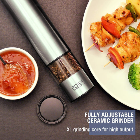 Electric Salt or Pepper Grinder - Battery Operated Ceramic Burr Peppermill Shaker - Automatic Stainless Steel Grinders - Mill With LED Light by Epar©