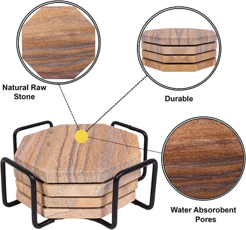 Marbco Sandstone Water Absorbent Hand Crafted Octagon Coasters for Drinks- Set of 4 - 4 inches Wide Thirsty Stone bar/Drink Coasters Made from Real Solid Stone (Without Holder, Set of 4)