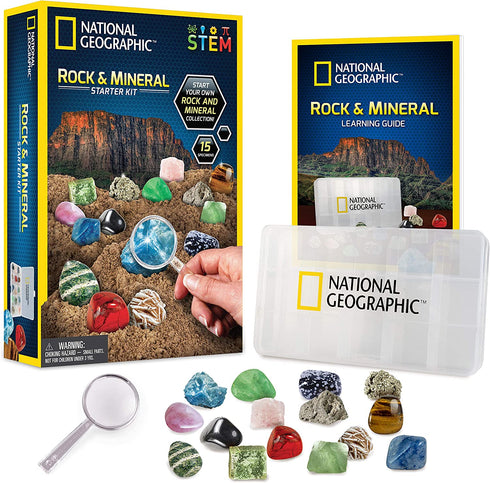NATIONAL GEOGRAPHIC Rocks and Minerals Education Set – 15-Piece Rock Collection Starter Kit with Tiger’s Eye, Rose Quartz, Red Jasper, and More, Display Case and Identification Guide
