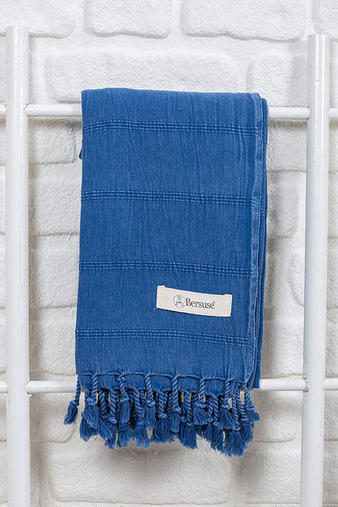 Bersuse 100% Cotton Troy Stonewashed Turkish Towel - 37x70 Inches, Blue