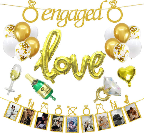 Engagement Wedding Decorations,Gold Engaged Banner, Photo Banner and Set of 12+5 distinctive Balloons for Engagement/Wedding/Anniversary/Valentines Day Party