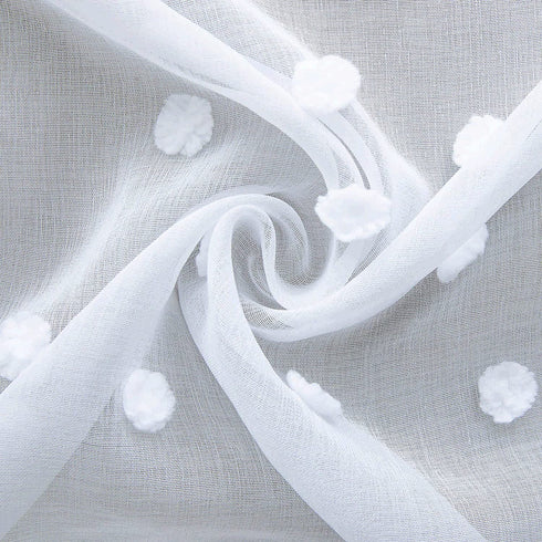 White Boho Curtains 96 Inches Long for Living Room Set 2 Panels Pocket Semi Sheer Pretty Crinkle Pom Dot Floral Curtains for Front Windows Aesthetic Bedroom Girls Decorations Decor 8 FT Floor Length