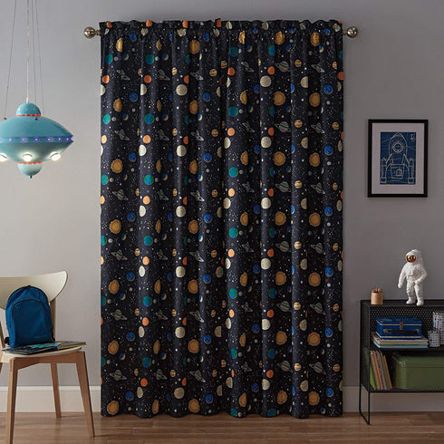 WAVERLY Kids Room Darkening Curtains for Bedroom - Space Adventure 42" x 84" Thermal Insulated Single Panel Rod Pocket Light Blocking Privacy Curtains for Nursery, Navy