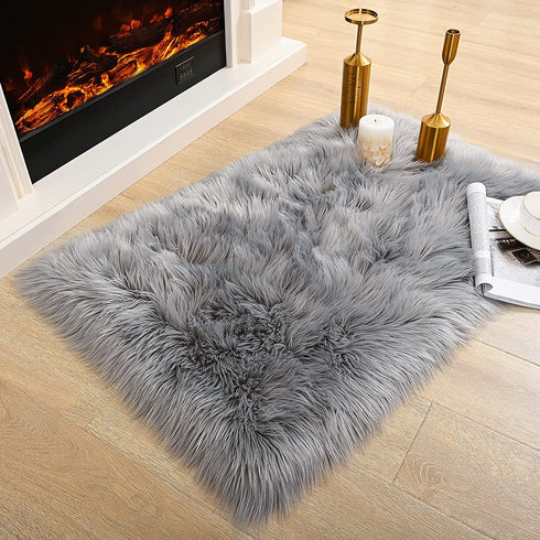Fulie Ultra Soft Rug Faux Sheepskin Fur Area Rug, Grey Fluffy Shag Rug for Girls Bedroom Bedside Floor Carpets, Fuzzy Plush Rugs for Sofa Living Room Indoor Home Decor, 2x3 Feet