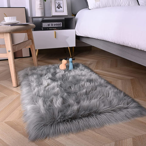 Fulie Ultra Soft Rug Faux Sheepskin Fur Area Rug, Grey Fluffy Shag Rug for Girls Bedroom Bedside Floor Carpets, Fuzzy Plush Rugs for Sofa Living Room Indoor Home Decor, 2x3 Feet