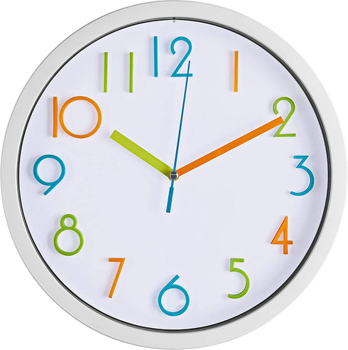 Bernhard Products Colorful Kids Wall Clock 10 Inch Silent Non Ticking Quality Quartz Battery Operated Wall Clocks, Easy to Read 3D Multi Colored Numbers Nursery Classroom Office Kitchen, White Frame