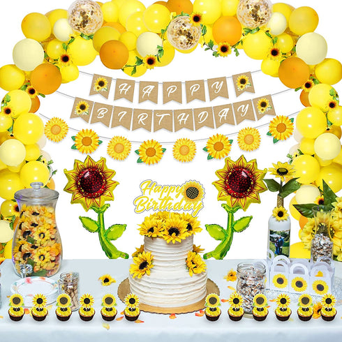 Sunflower Birthday Party Decorations Supplies 104Pcs - Sunflower Happy Birthday Banner, Artificial Sunflower Vine, Aluminum Foil Balloon, Cake Toppers, Balloons and Tools for Sunflower Garland Arch