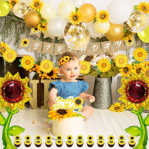 Sunflower Birthday Party Decorations Supplies 104Pcs - Sunflower Happy Birthday Banner, Artificial Sunflower Vine, Aluminum Foil Balloon, Cake Toppers, Balloons and Tools for Sunflower Garland Arch