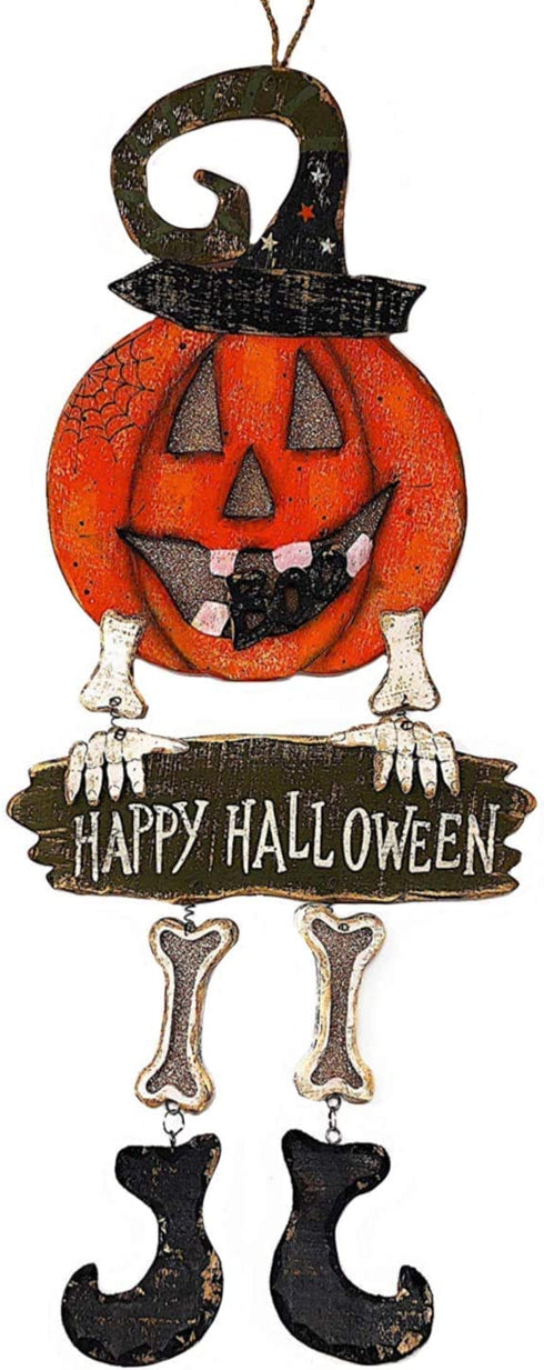 Transpac Halloween Decoration Wall Front Door Wreath Hanging Wood Metal Decor Indoor Outdoor 24" x 10.5" (Pumpkin Boo)