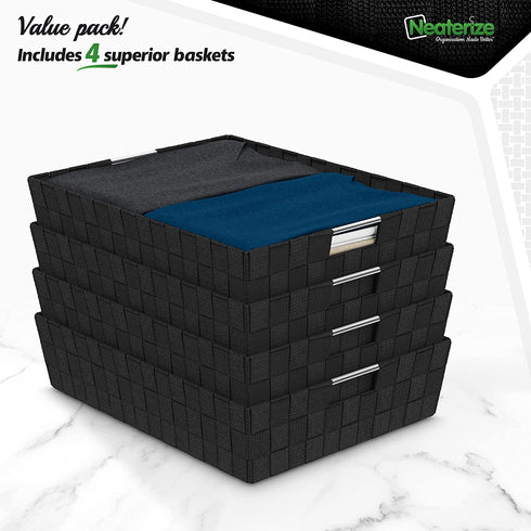 Woven Storage Baskets For Organizing - 4 Fabric Empty Organizer Bins With Handles - Great Bin For Organization, Linen Closet Shelves & Bathroom Basket. Empty Baskets For Gifts (14QT - Black)