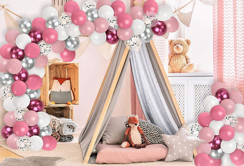 Chrome Silver Pink Balloon Garland Kit Pink White Silver Balloons Arch Valentine's Day Decorations for Birthday Baby Shower Gender Reveal Party Wedding Bridal Shower Party Supplies Decorations