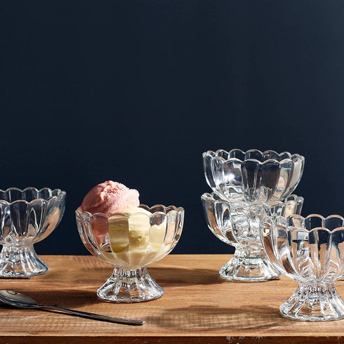 KMwares 6PCs Set 5.6oz Small Cute Footed Tulip Clear Glass Dessert Bowls/Cups - Perfect for Dessert, Sundae, Ice Cream, Fruit, Salad, Snack, Cocktail, Condiment, Trifle and Christmas Holiday Party
