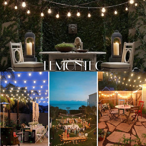 Lemontec Commercial Grade Outdoor String Lights with 15 Hanging Sockets - 48 Ft Black Weatherproof Cord Weatherproof Strand for Patio Garden Porch Backyard Party Deck Yard S14 Black