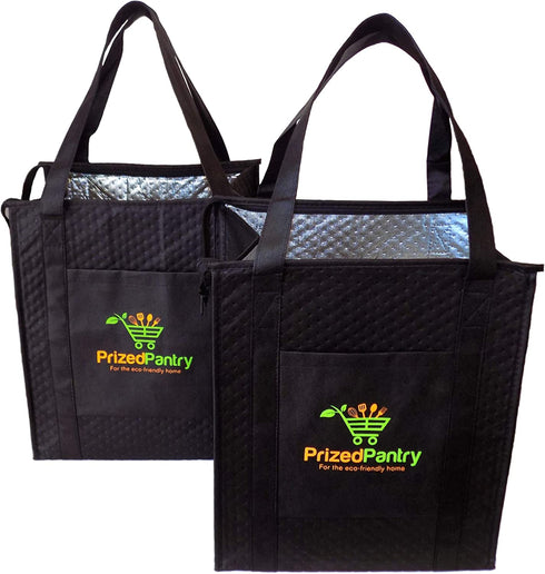 Prized Pantry 2 Pack Insulated Reusable Grocery Bags, X-Large Heavy Duty Cooler Tote Bags, Premium Insulation, Bottom Support, Wrap-Around Handles, Front Pocket, Zipper, No Leak, Keeps Food Hot/Cold