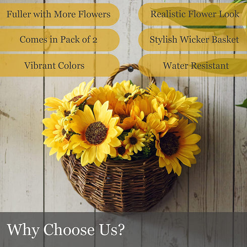 Tapeera Set of 2 Artificial Sunflower Wall Decor In Hanging Hand Woven Basket - Faux Sunflower Kitchen Decor - Fake Sunflower Decor For Kitchen - Sunflower Bathroom Decor Wreath Sun Flowers Home Decor