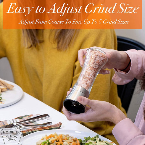 HOME EC Premium Stainless Steel Salt and Pepper Grinder Set of 2 - Adjustable Ceramic Sea Salt Grinder & Pepper Grinder - Tall Glass Salt and Pepper Shakers - Pepper Mill & Salt Mill W/Funnel & Ebook
