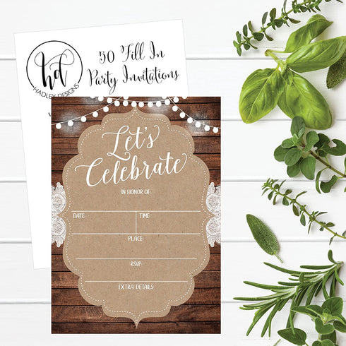 50 Celebration Invitations for Wedding Rehearsal Dinner, Bridal Shower, Engagement, Birthday, Bachelorette Party, Baby Shower, Reception, Anniversary, Housewarming, Graduation, Sweet 16, BBQ Cookout