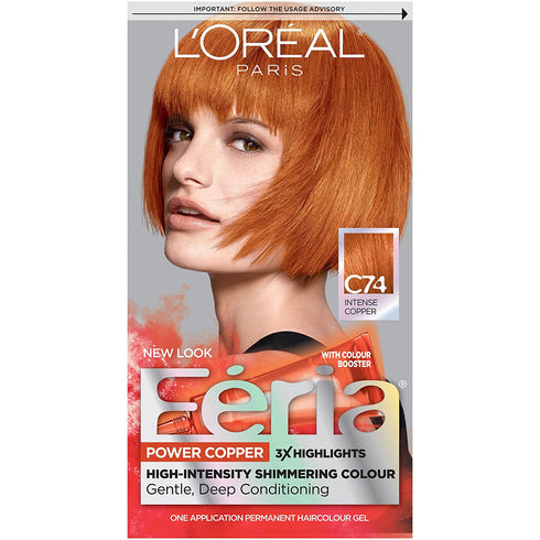 L'Oreal Paris Feria Multi-Faceted Shimmering Permanent Hair Color, C74 Copper Crave (Intense Copper), Pack of 1, Hair Dye