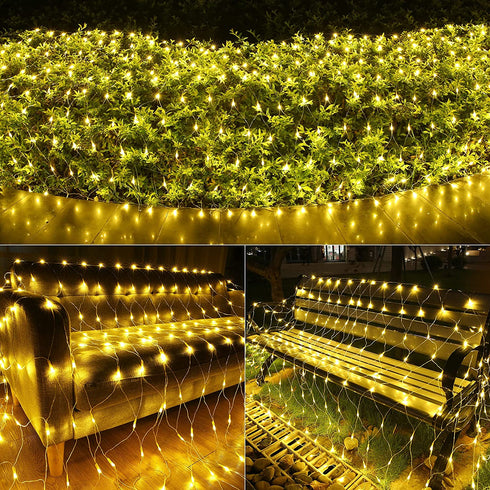 LED Net Lights Outdoor, 12ft x 5ft 360 LED Indoor Fairy Mesh Lights, 8 Modes Clear Wire Connectable Bush Netting Lights for Trees, Bushes, Wedding, Garden, Mall Hotel Decorations (Warm White)