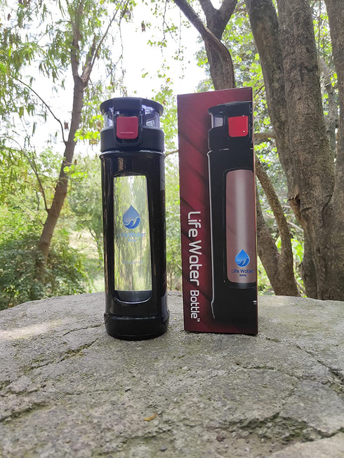Life Ionizer - Glass Water Bottle - 450ML Borosilicate Glass Drinking "Break Resistant" Bottle with Carrying Handle & Easy Opening Pop-up To