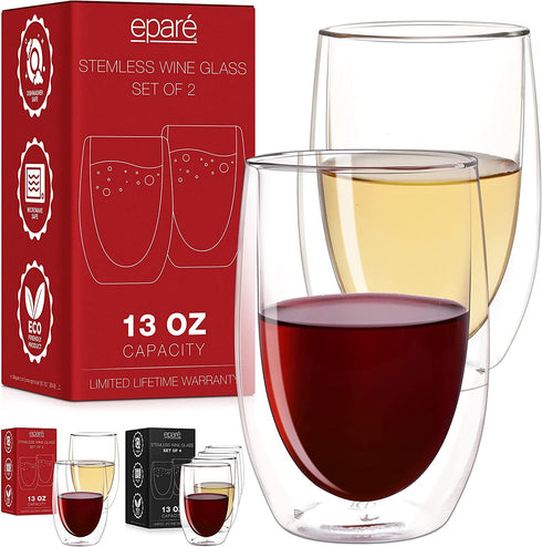 Wine Glasses - Set of 2-13 oz Tumbler Cup - Double Walled Glassware - Stemless Large Drinking Glass - Red & White Wine Tumblers by Epar©