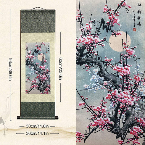 AtfArt Asian Wall Decor Beautiful Silk Scroll Painting Flowers - Plum - Red Plum Primula Primula Rubra Oriental Decor Chinese Art Wall Scroll Wall Hanging Painting Scroll (39 x 12 in)