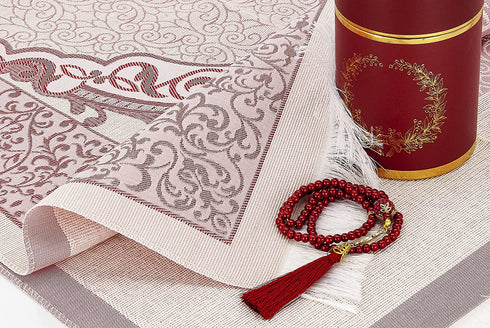 Muslim Prayer Rug and Prayer Beads with Elegant Cylinder Gift Box | Janamaz | Sajadah | Soft Islamic Prayer Rug | Islamic Gifts Set | Prayer Carpet Mat, Taffeta Fabric, Burgundy