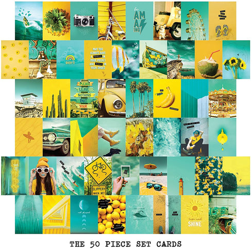 LARGER SIZED Yellow & Teal Blue Photo Wall Collage Kit (50 Picture Set, 5" x 7" size), Sunny Summer Beach Daytrip Themed Photo Wall Collage Kit Aesthetic Pictures
