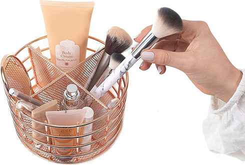 Rosework Rose Gold Makeup Brush Holder, Round Makeup Organizer For Vanity, 4 Compartment Makeup Brush Organizer and Cosmetic Brush Holder, Great Skincare Organizer and Makeup Brush Storage