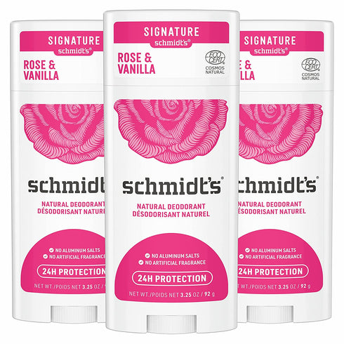 Schmidt's Aluminum Free Natural Deodorant for Women and Men, Rose + Vanilla with 24 Hour Odor Protection, Certified Cruelty Free, Vegan Deodorant, 3.25 Ounce (Pack of 3)