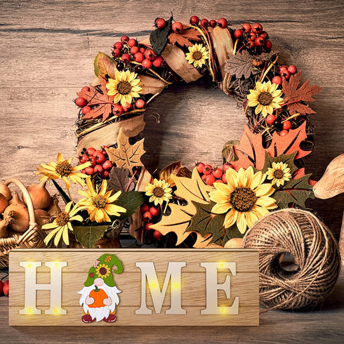Gnome Home Sign Interchangeable Easter Gnome Wooden Signs Rustic Home Sign with 8 Seasonal Gnome Magnet Wooden Home Sign with 8 LED Lights for Home Easter Party Holiday DIY Decor