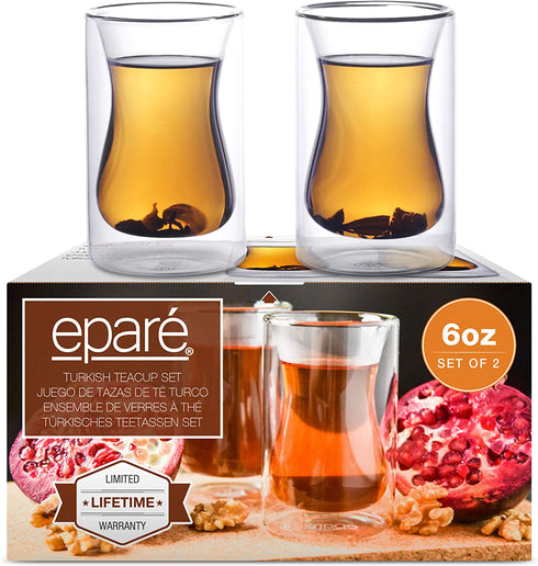 6 oz Turkish Tea Cups - Set Of 2 - Double Walled Clear Glass Cup - Small Coffee Mug - Cafe Latte Espresso or Cappuccino Beverages Mugs by Epar©